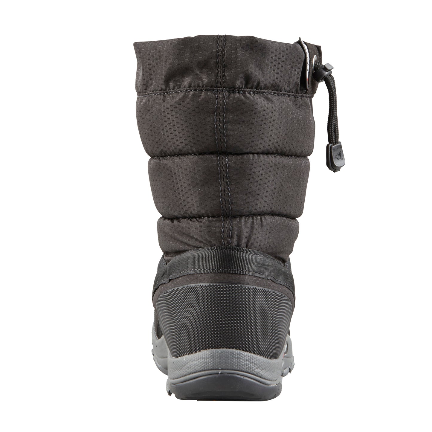 Rear view of a black puffy, quilted snow boot with a drawstring closure.