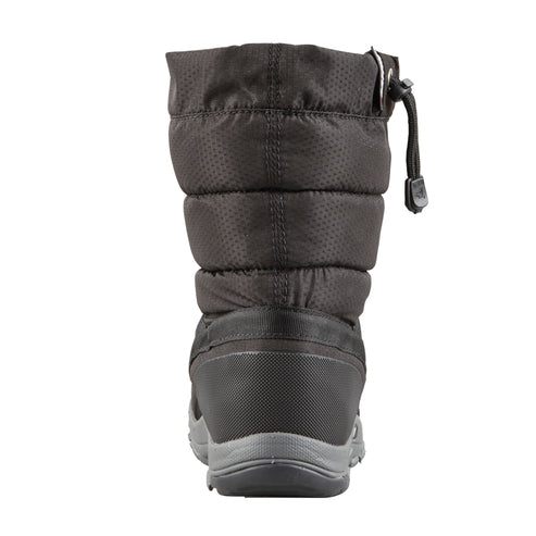 Rear view of a black puffy, quilted snow boot with a drawstring closure.