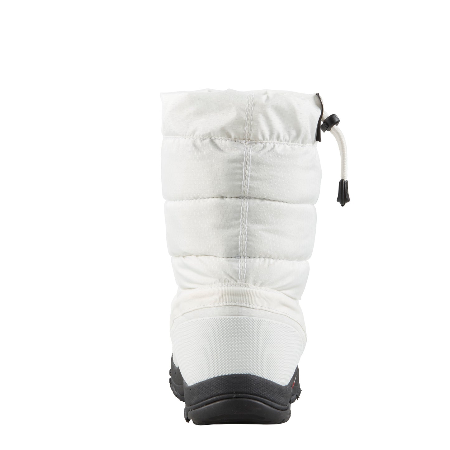 White insulated quilted boot with a black sole.