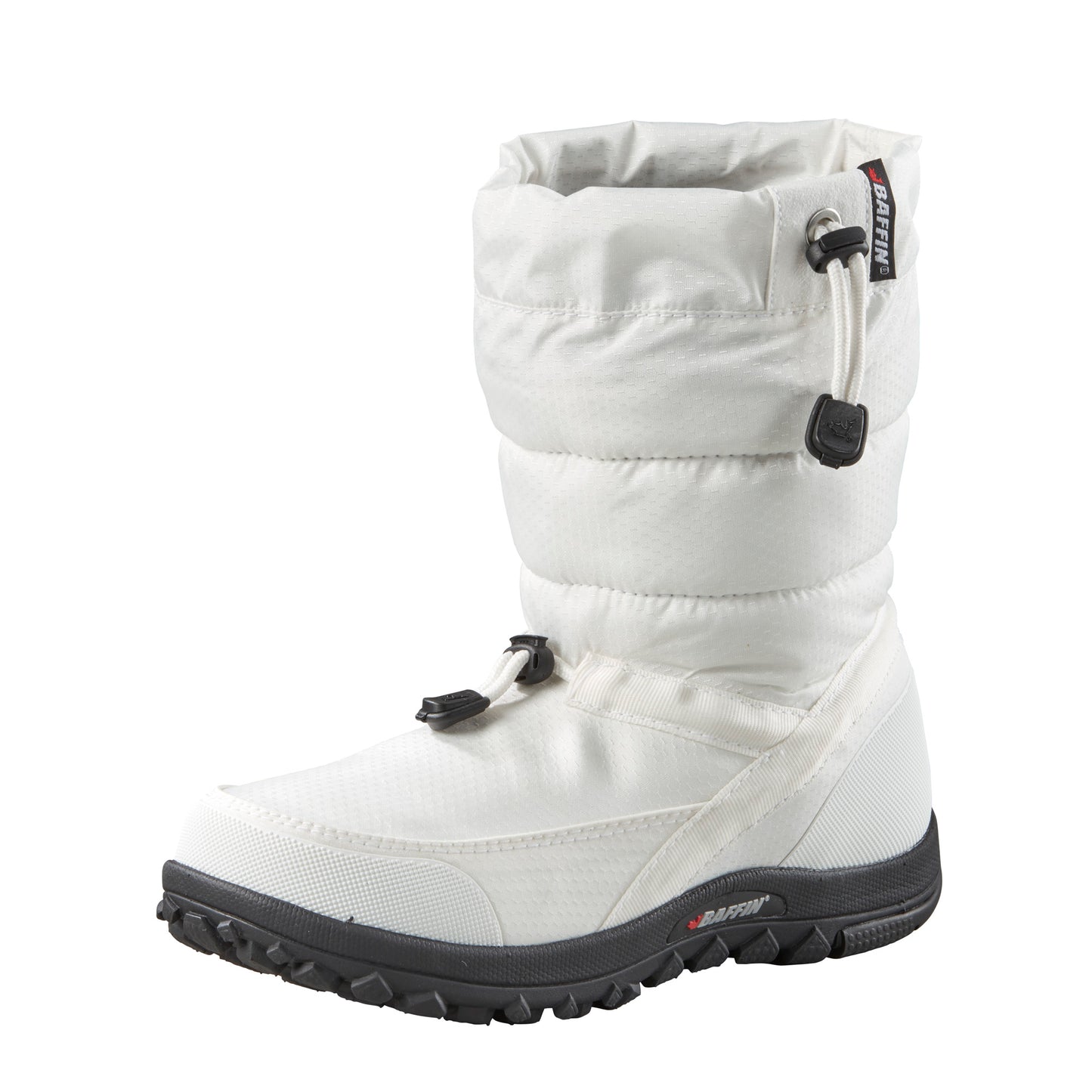 White insulated tall snow boot with black sole and bungee cord.
