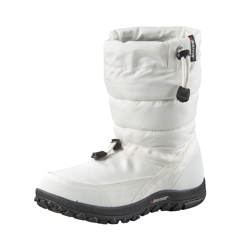 White insulated tall snow boot with black sole and bungee cord.
