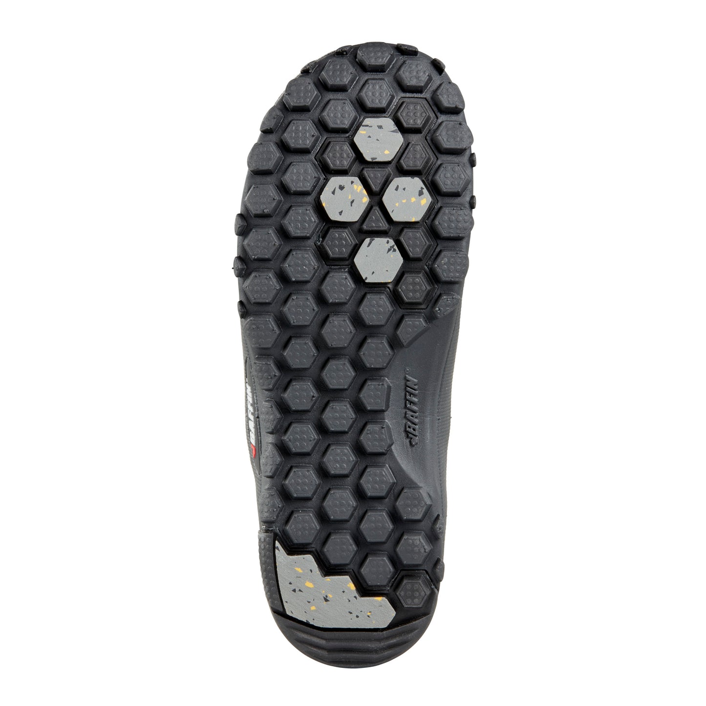 Bottom of a shoe with a black honeycomb pattern and some silver-colored studs.