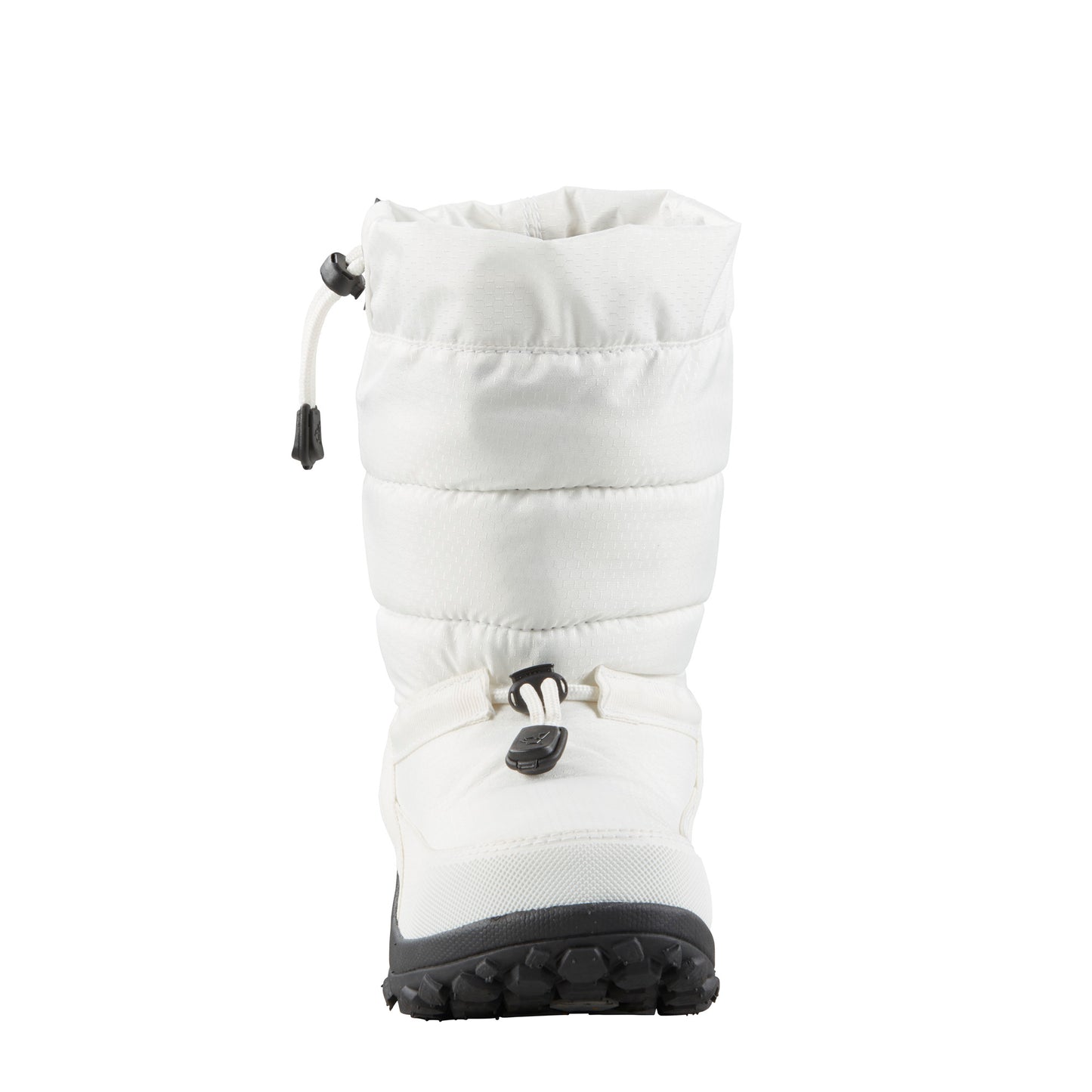 White quilted snow boot with black sole and drawstring.