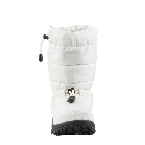 White quilted snow boot with black sole and drawstring.