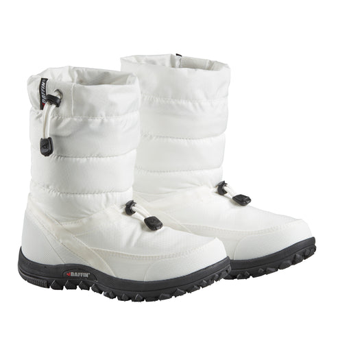 Pair of white winter boots with black soles and adjustable drawstrings.