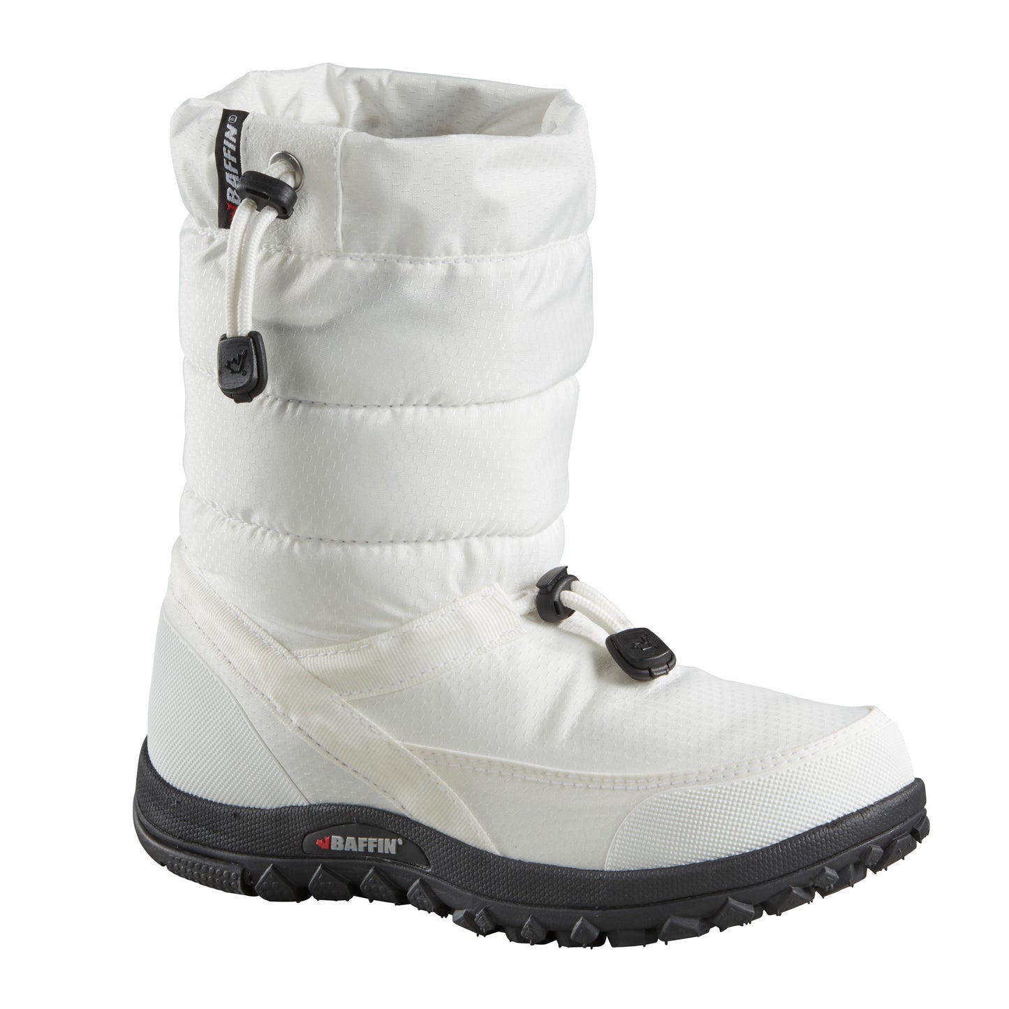 White insulated snow boot with black sole and drawstring closure.