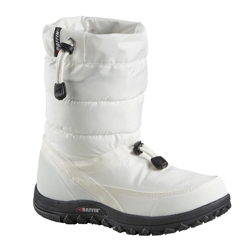 White insulated snow boot with black sole and drawstring closure.