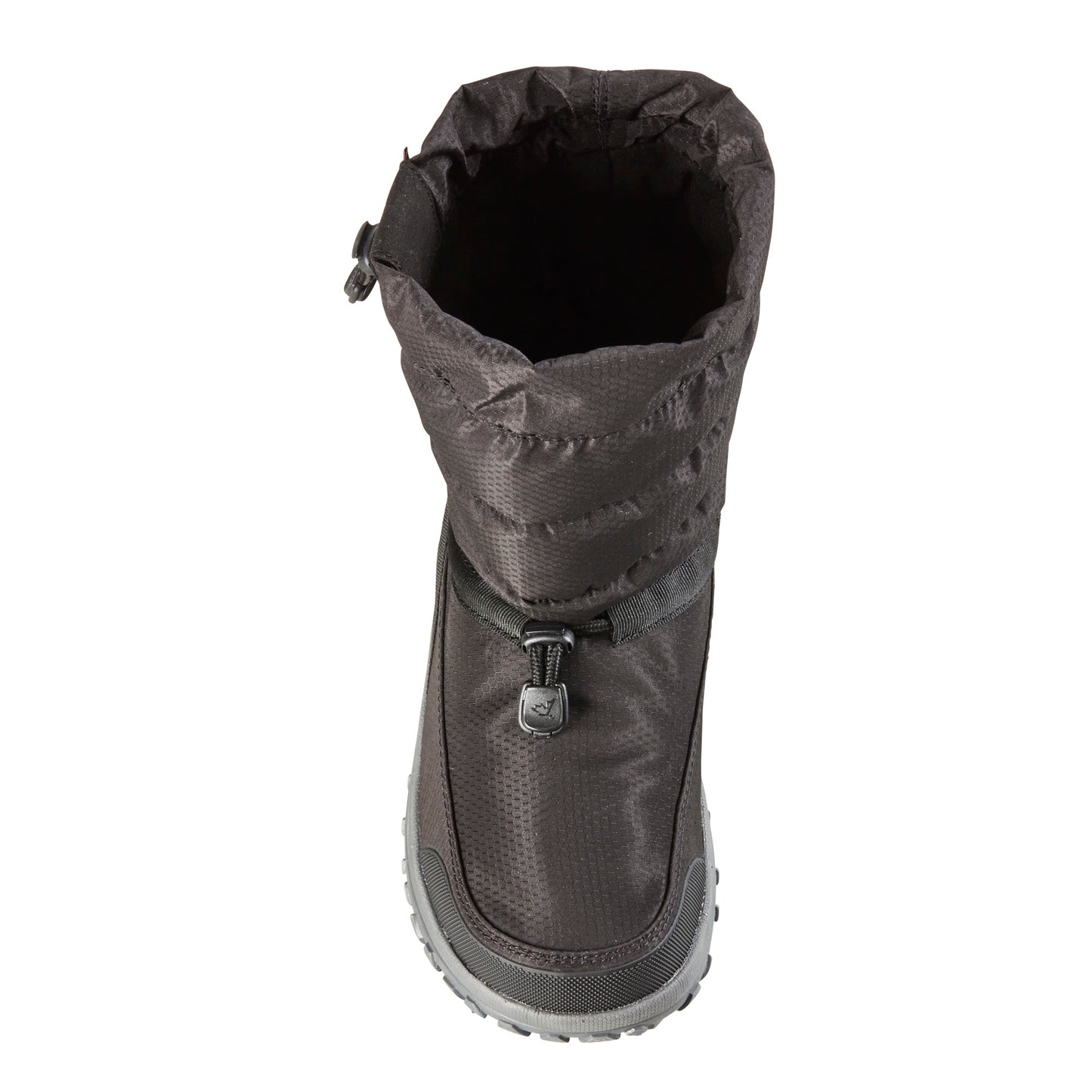 Gray quilted winter boot with drawstring collar.