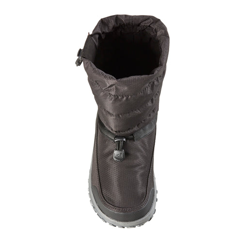 Gray quilted winter boot with drawstring collar.