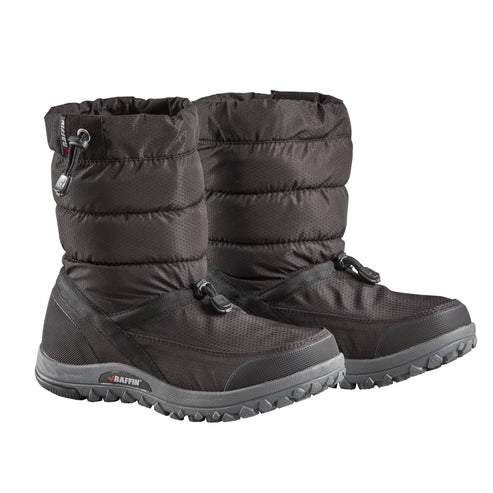 Pair of black puffer snow boots with toggle adjusters.
