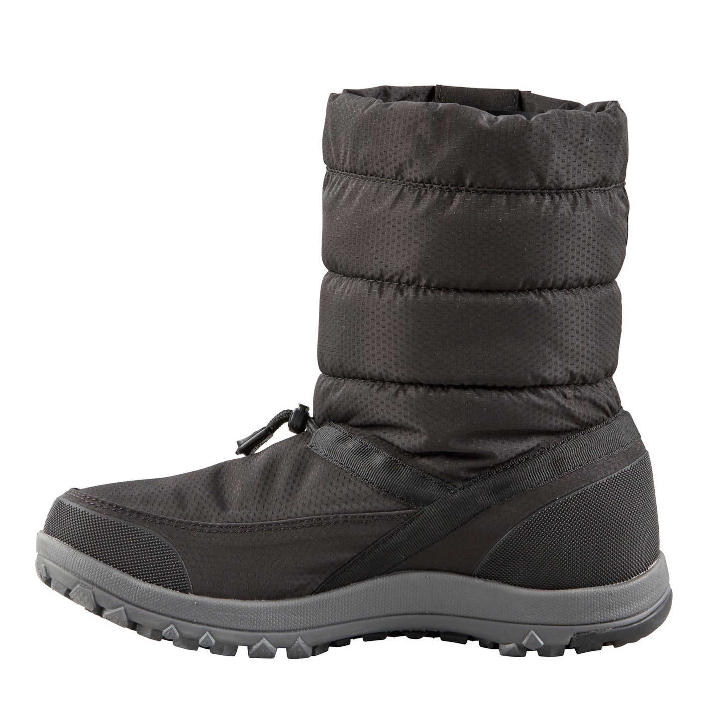 Black, mid-calf puffer boot with gray sole.