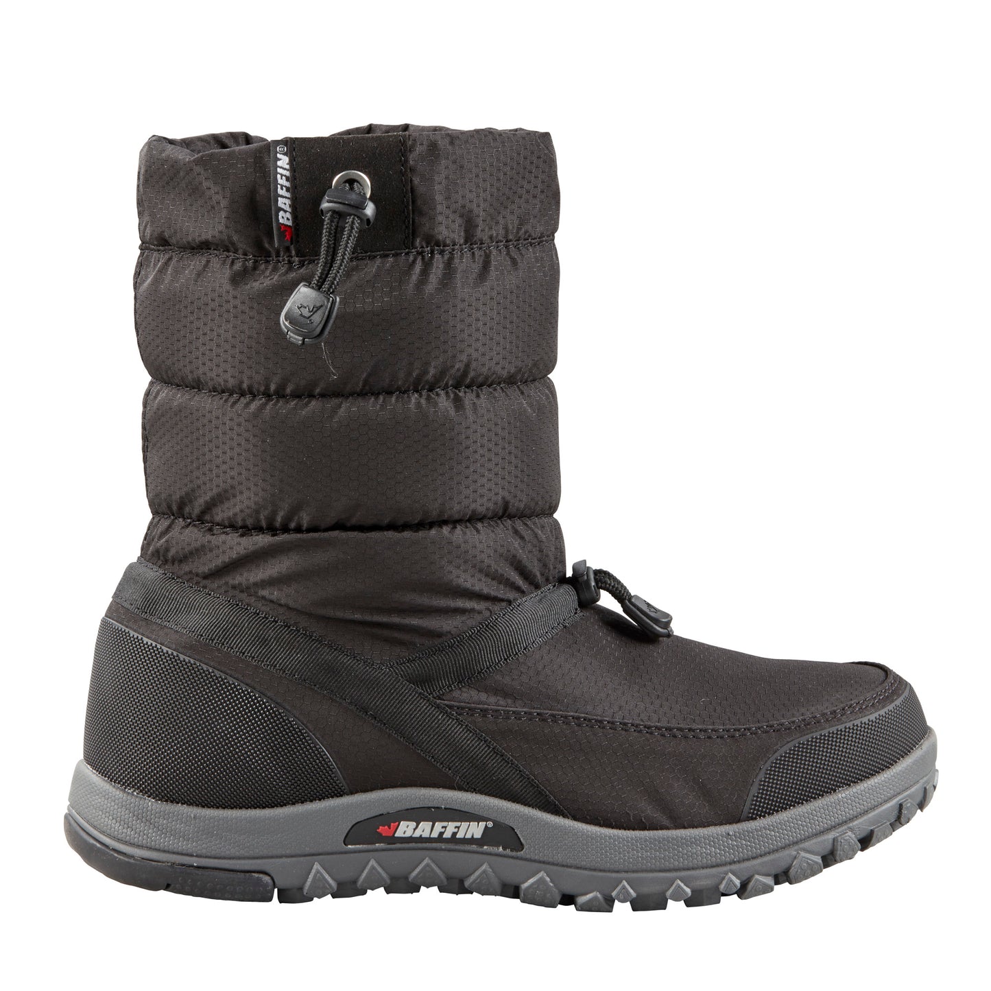 Black quilted snow boot with drawstring closure.