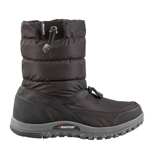 Black quilted snow boot with drawstring closure.