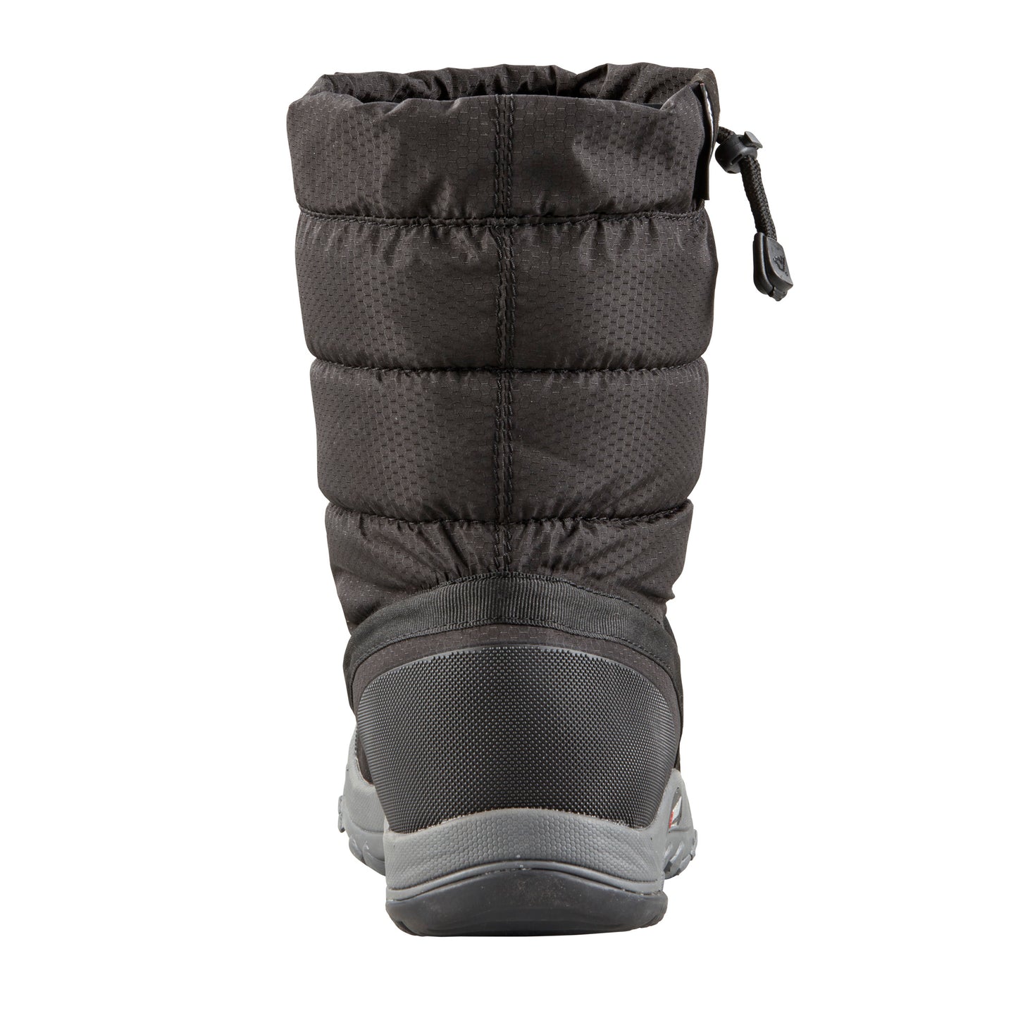 Rear view of a black waterproof boot with an elastic drawstring at the top.