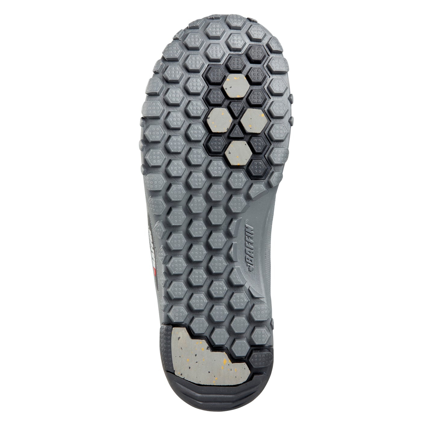Shoe sole with gray hexagonal and gray circular treads.