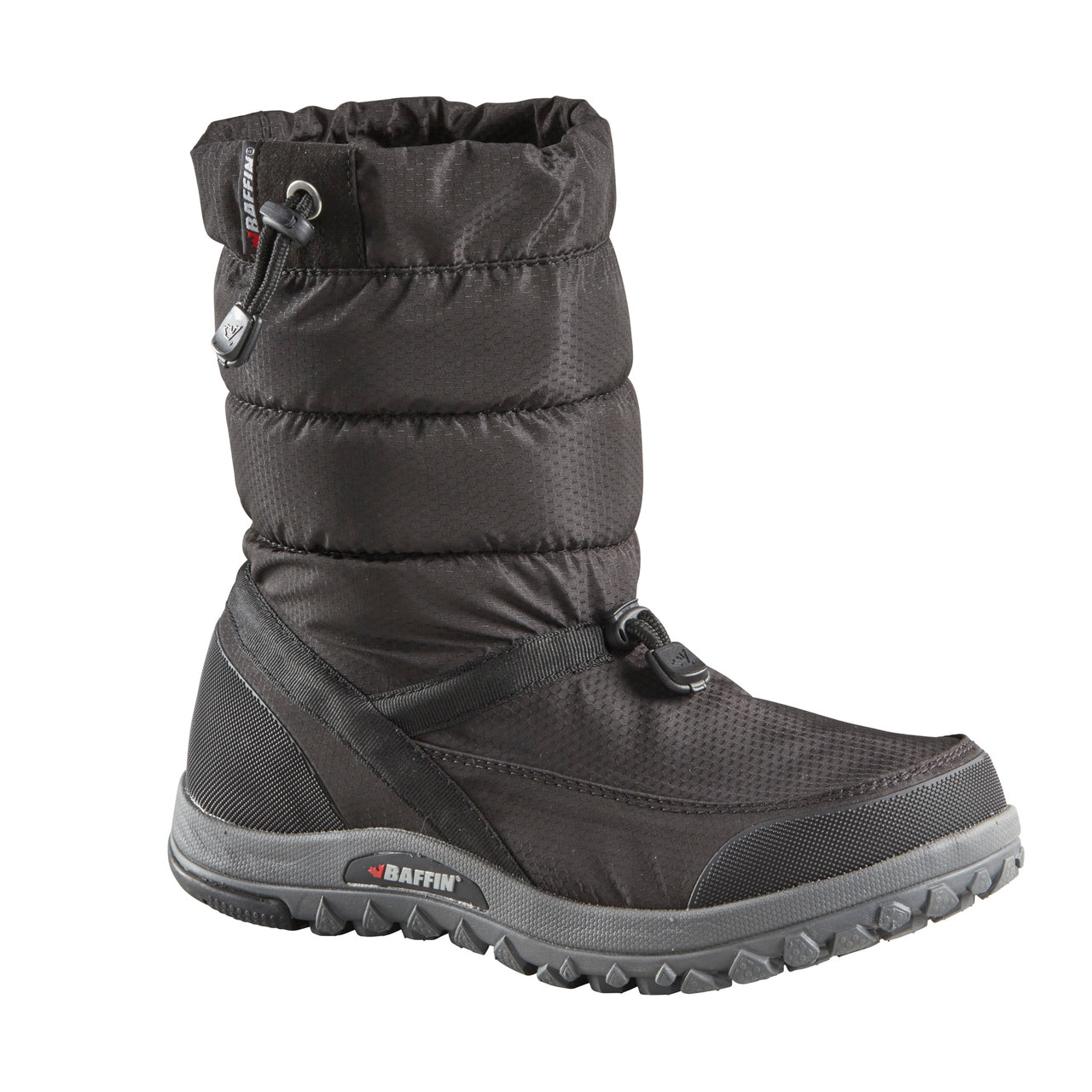 Black winter boot with drawstring and toggle closure.