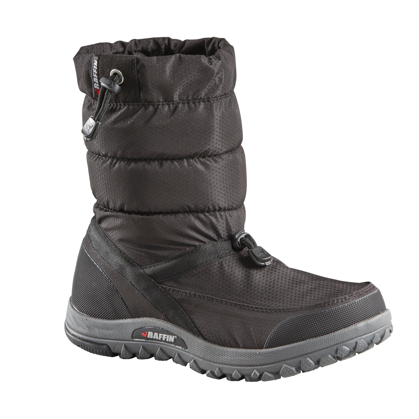 Black winter boot with drawstring and toggle closure.