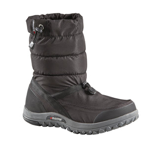 Black winter boot with drawstring and toggle closure.