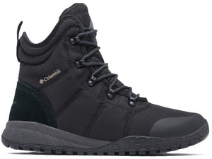 Black high top hiking boot with black laces.