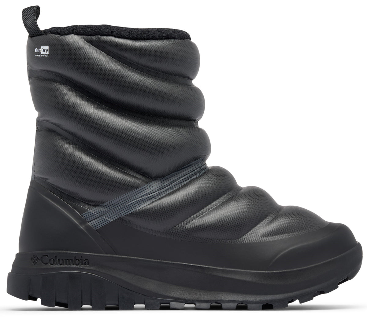 A black, waterproof, mid-calf slip-on winter boot featuring a quilted, puffer-style upper and a thick, durable treaded rubber sole.