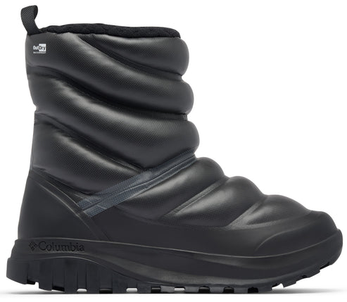 A black, waterproof, mid-calf slip-on winter boot featuring a quilted, puffer-style upper and a thick, durable treaded rubber sole.