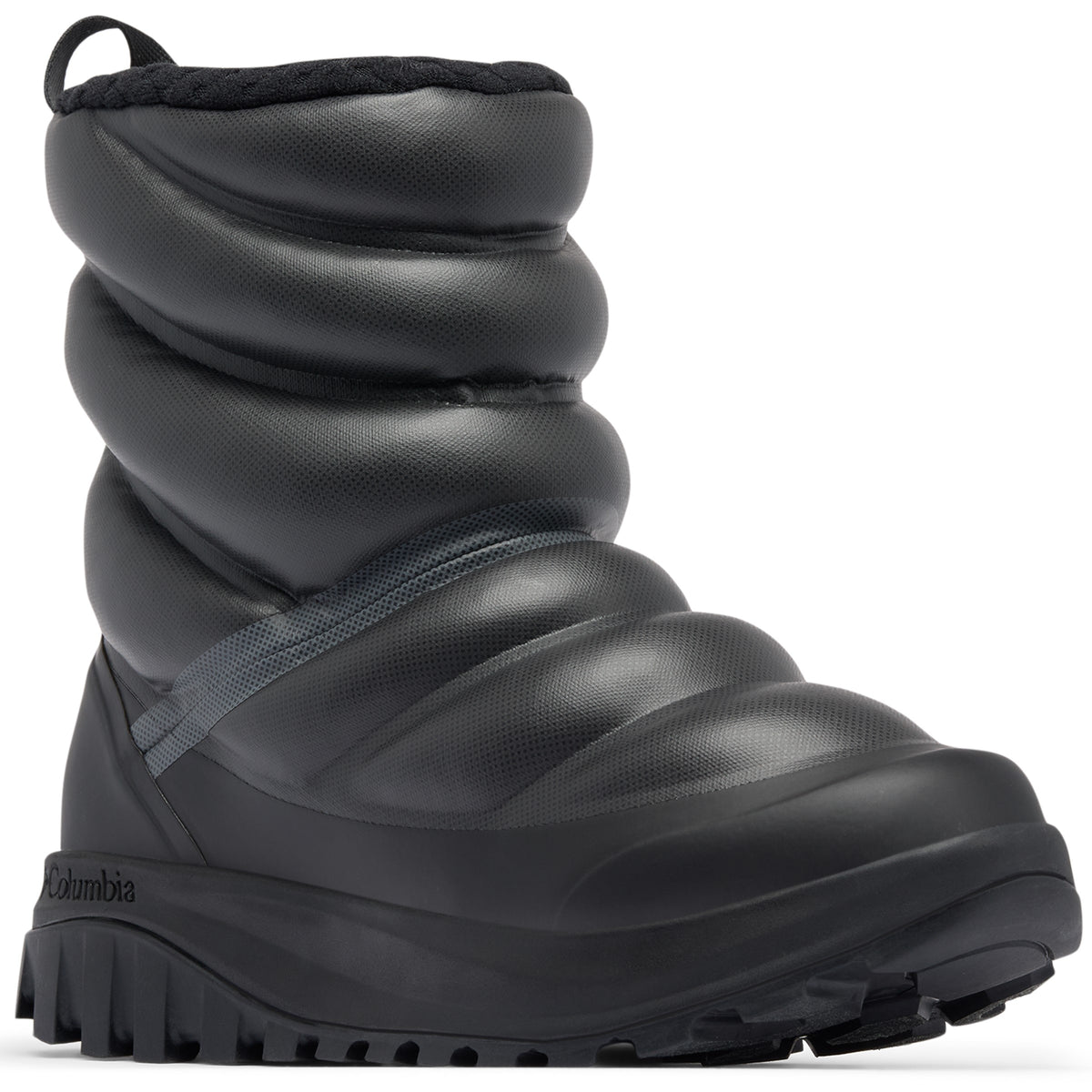 A black Columbia winter boot with a puffer-style insulated upper, a lugged sole, and a pull loop at the back.