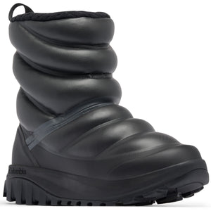A black Columbia winter boot with a puffer-style insulated upper, a lugged sole, and a pull loop at the back.