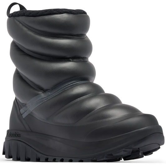 A black Columbia winter boot with a puffer-style insulated upper, a lugged sole, and a pull loop at the back.