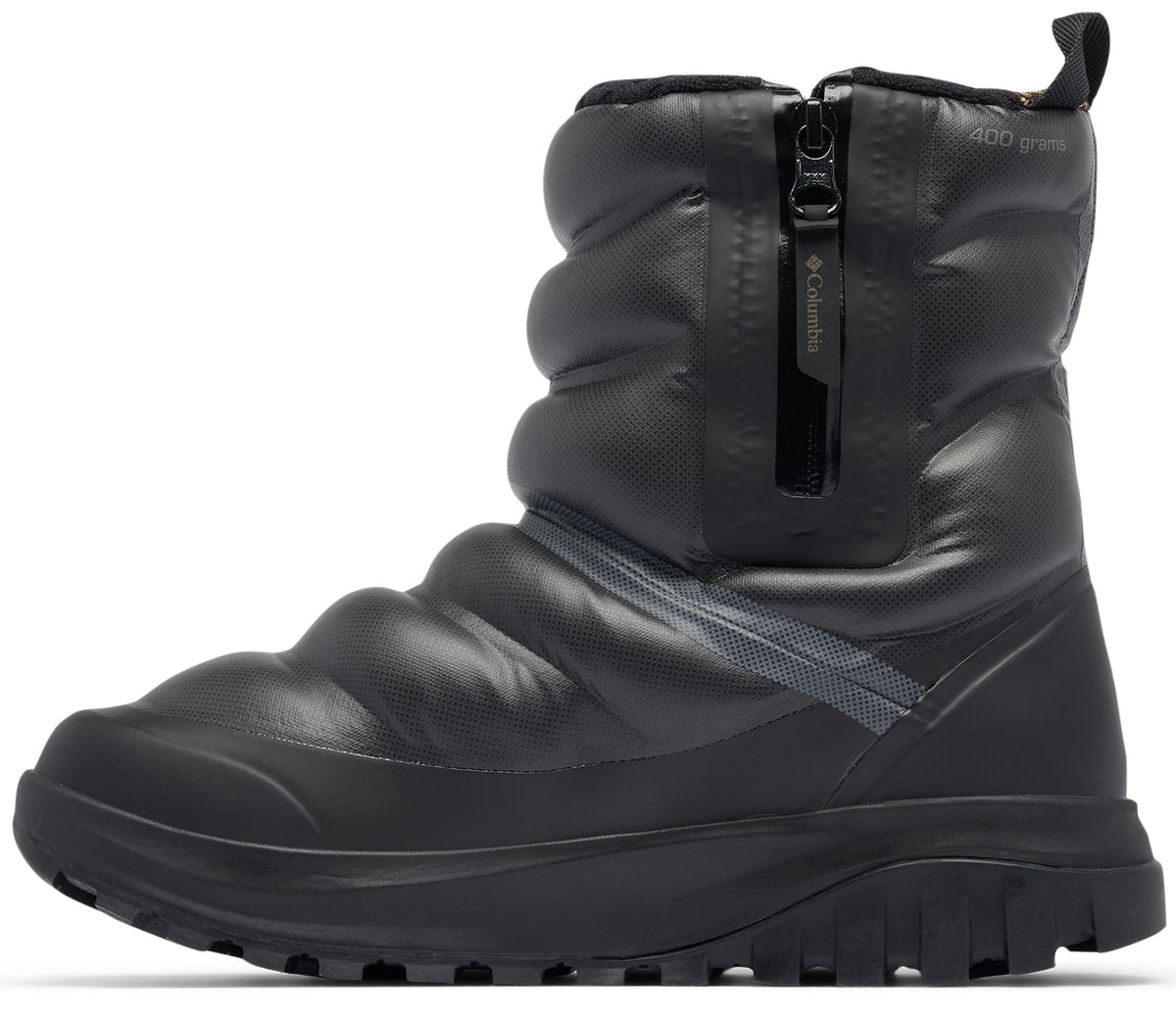 A black, quilted, mid-calf winter boot with a vertical zipper closure on the front, featuring a thick, rugged sole and subtle '400 grams' text printed near the top.
