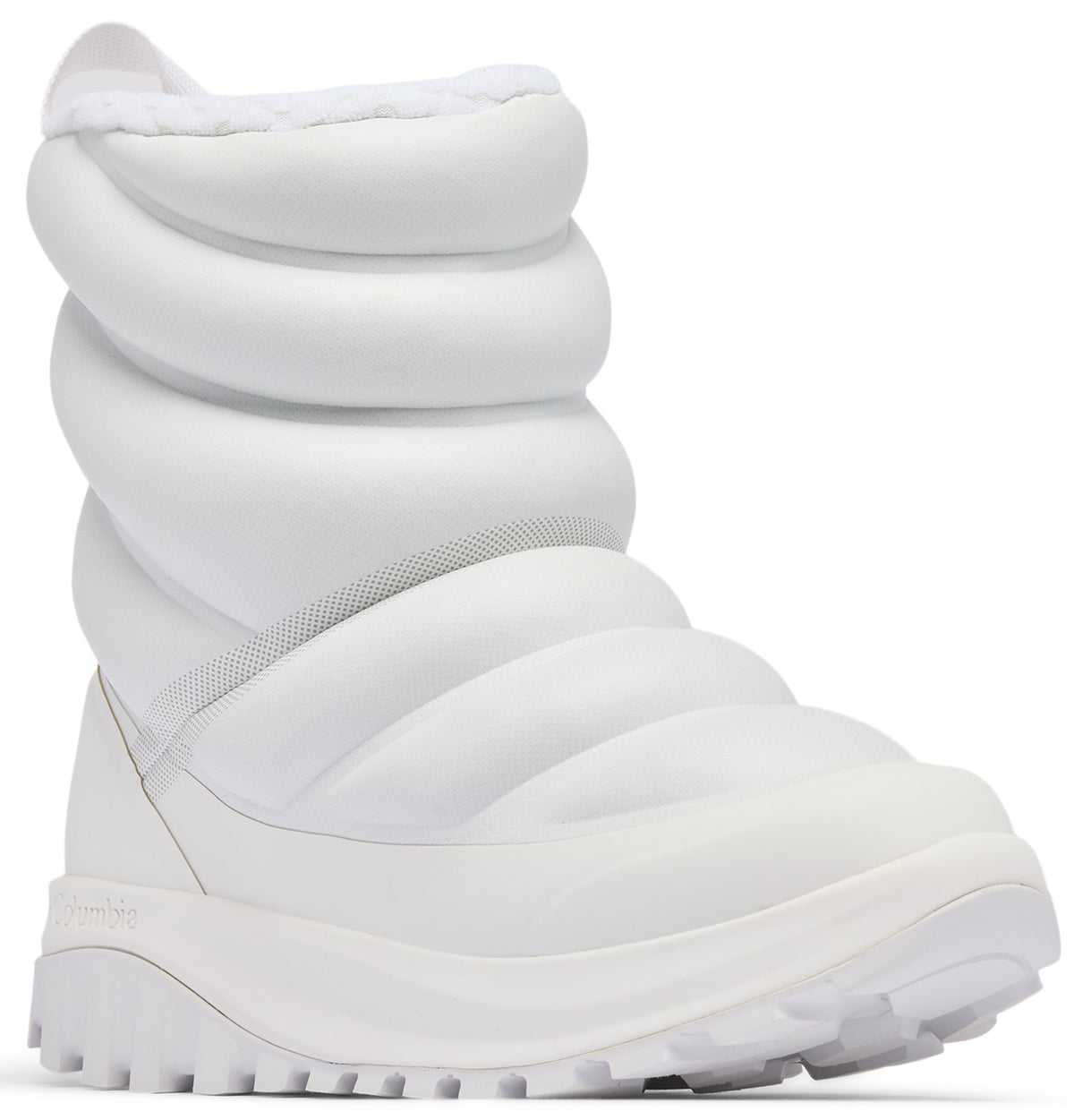 A solid white, puffy, quilted-style winter snow boot with a high-cut ankle, a thick chunky sole with deep tread, and a minimalist design.