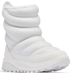 A solid white, puffy, quilted-style winter snow boot with a high-cut ankle, a thick chunky sole with deep tread, and a minimalist design.