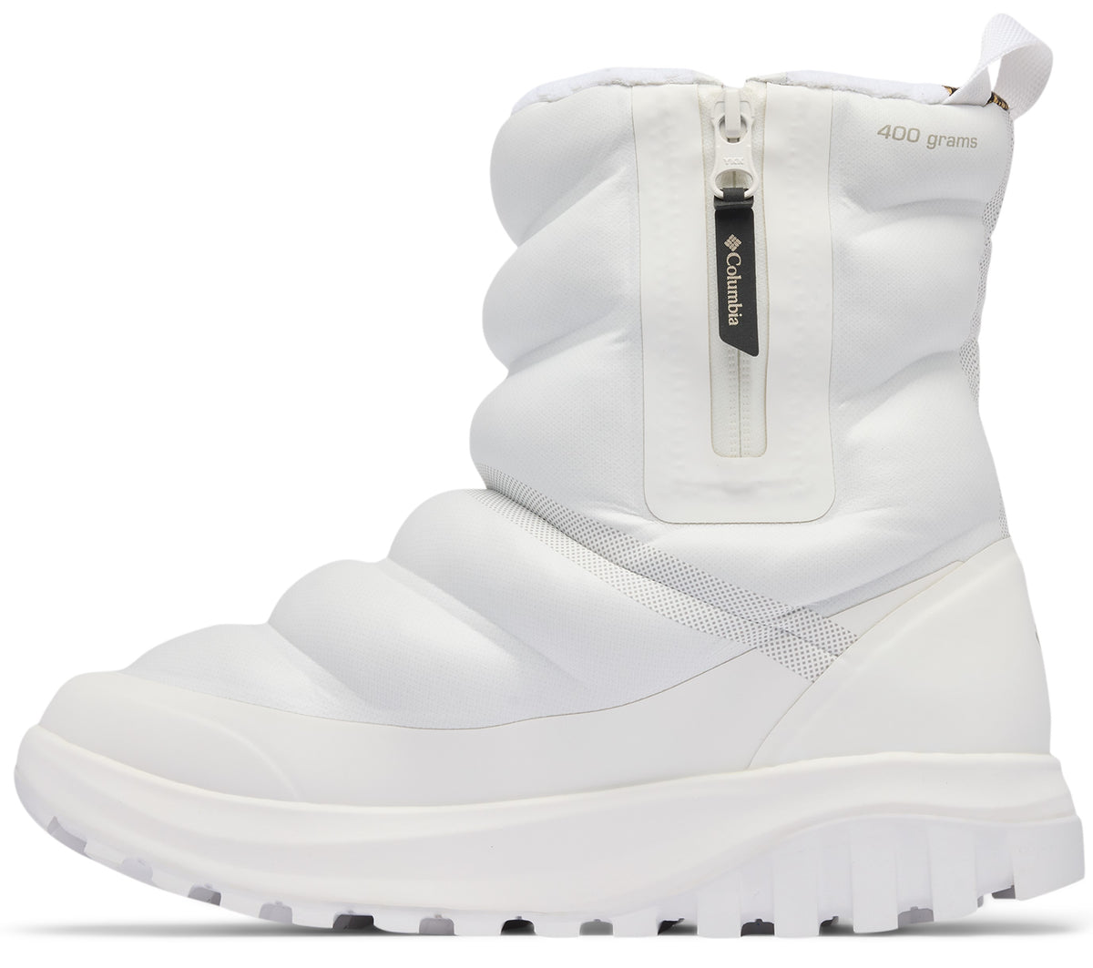 A white, puffy, mid-calf insulated winter boot with a vertical front zipper, a thick lugged sole, and '400 grams' text printed near the collar.