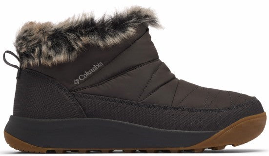 Ankle-high, dark gray, quilted boot with faux fur trim and a brown sole.