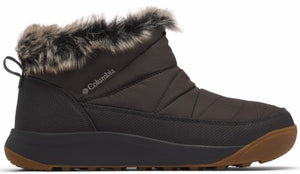 Ankle-high, dark gray, quilted boot with faux fur trim and a brown sole.