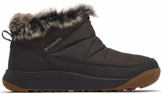 Ankle-high, dark gray, quilted boot with faux fur trim and a brown sole.