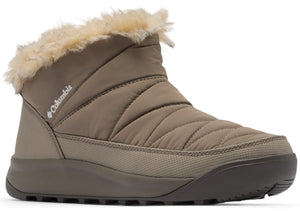 A tan Columbia winter boot featuring a quilted nylon upper, faux fur trim around the ankle collar, and a thick, dark brown rubber sole with a textured base.