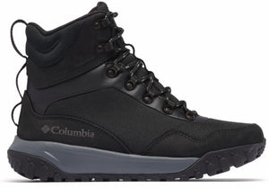 Black hiking boot with eyelet lacing and Columbia logo.