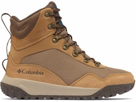 Tan mid-rise boot with mesh panels and lug sole, and brown "Columbia" logo.