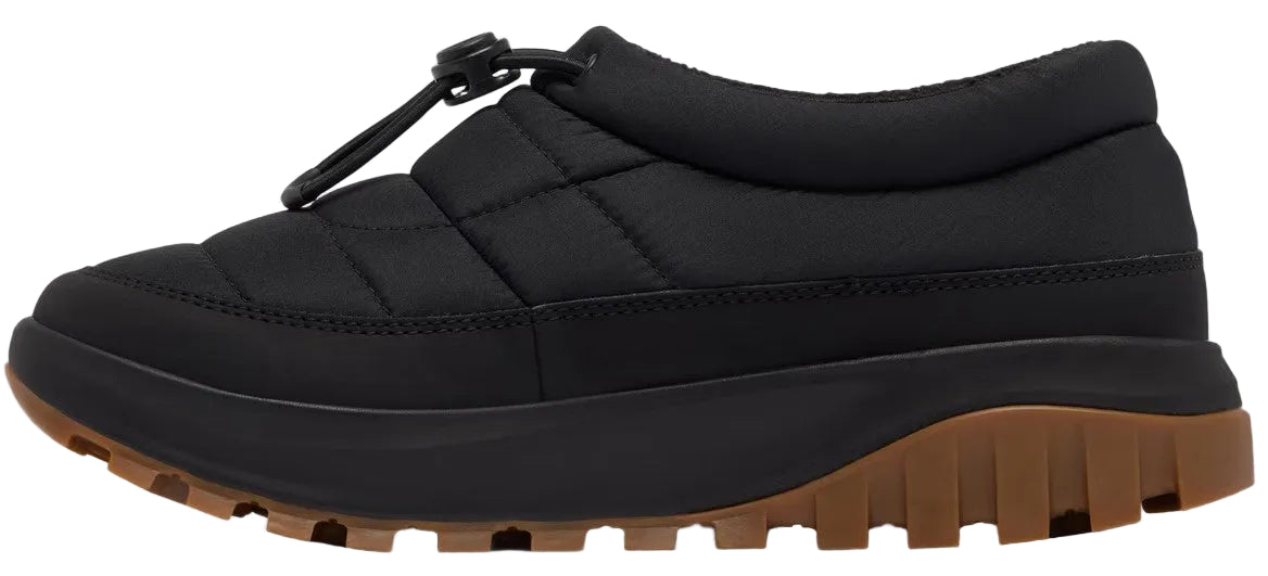 A black, quilted slip-on shoe with a drawstring toggle closure on the upper, a thick black midsole, and a rugged, brown lugged outsole.