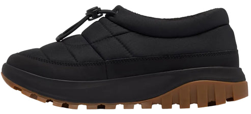 A black, quilted slip-on shoe with a drawstring toggle closure on the upper, a thick black midsole, and a rugged, brown lugged outsole.