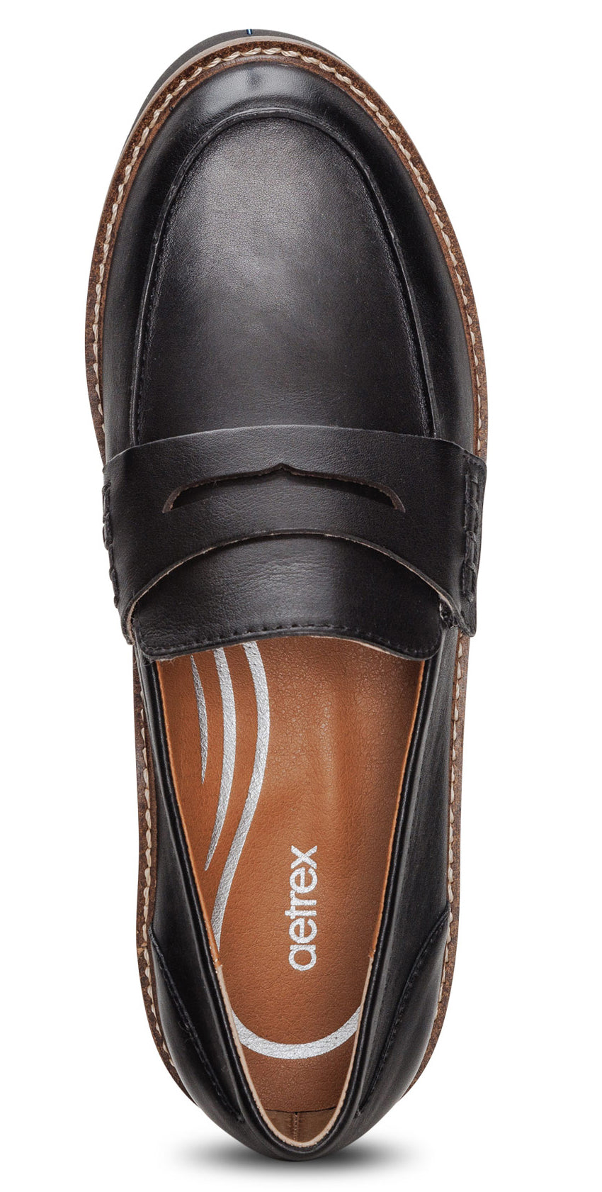 Black leather loafer with a textured brown sole and 'Aetrex' logo on the insole.
