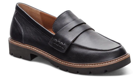 Black leather penny loafer with lug sole.
