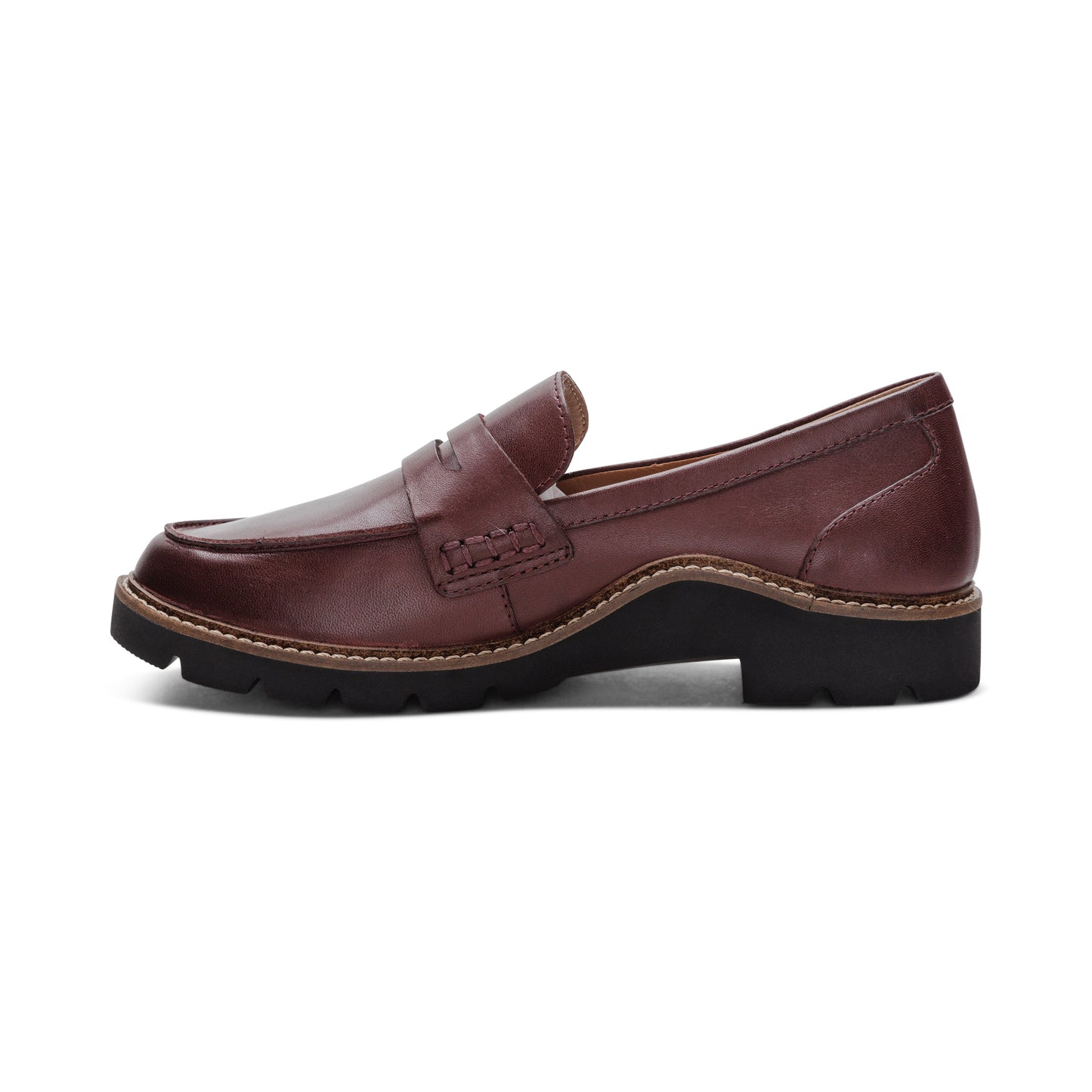 Brown leather penny loafer with lug sole, side view.