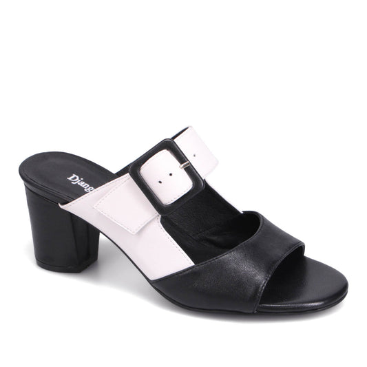 Black and white heeled sandal with a buckle.