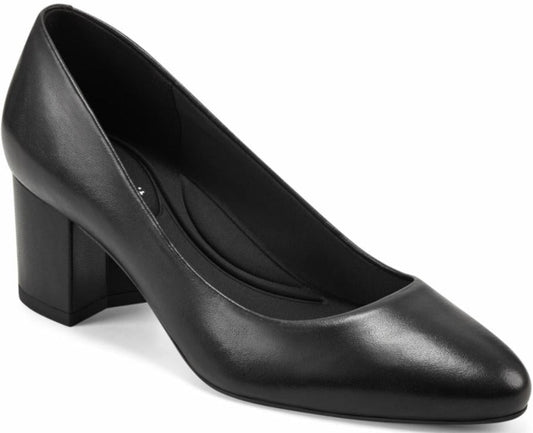 Black leather high heel dress shoe with rounded toe and thick heel.
