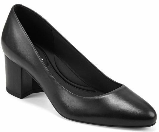 Black leather pump with a block heel