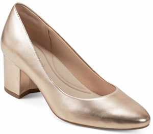 Gold-colored, rounded-toe, block-heel dress pump