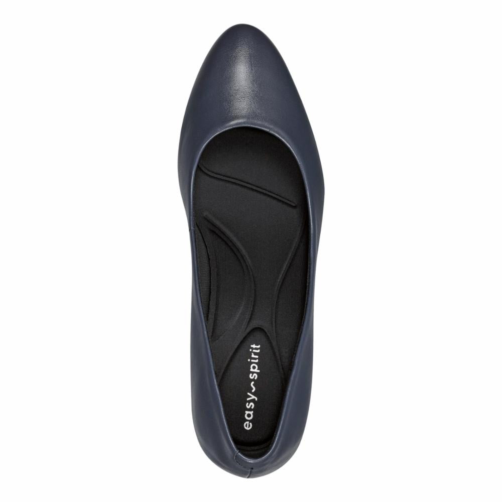 Navy blue leather pointed-toe pump with black cushioned insole marked "easy spirit".