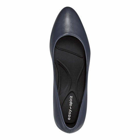 Navy blue leather pointed-toe pump with black cushioned insole marked "easy spirit".