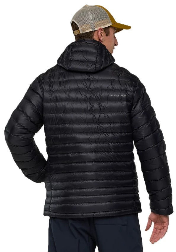 A person viewed from behind wearing a black hooded puffer jacket and a brown and tan baseball cap.